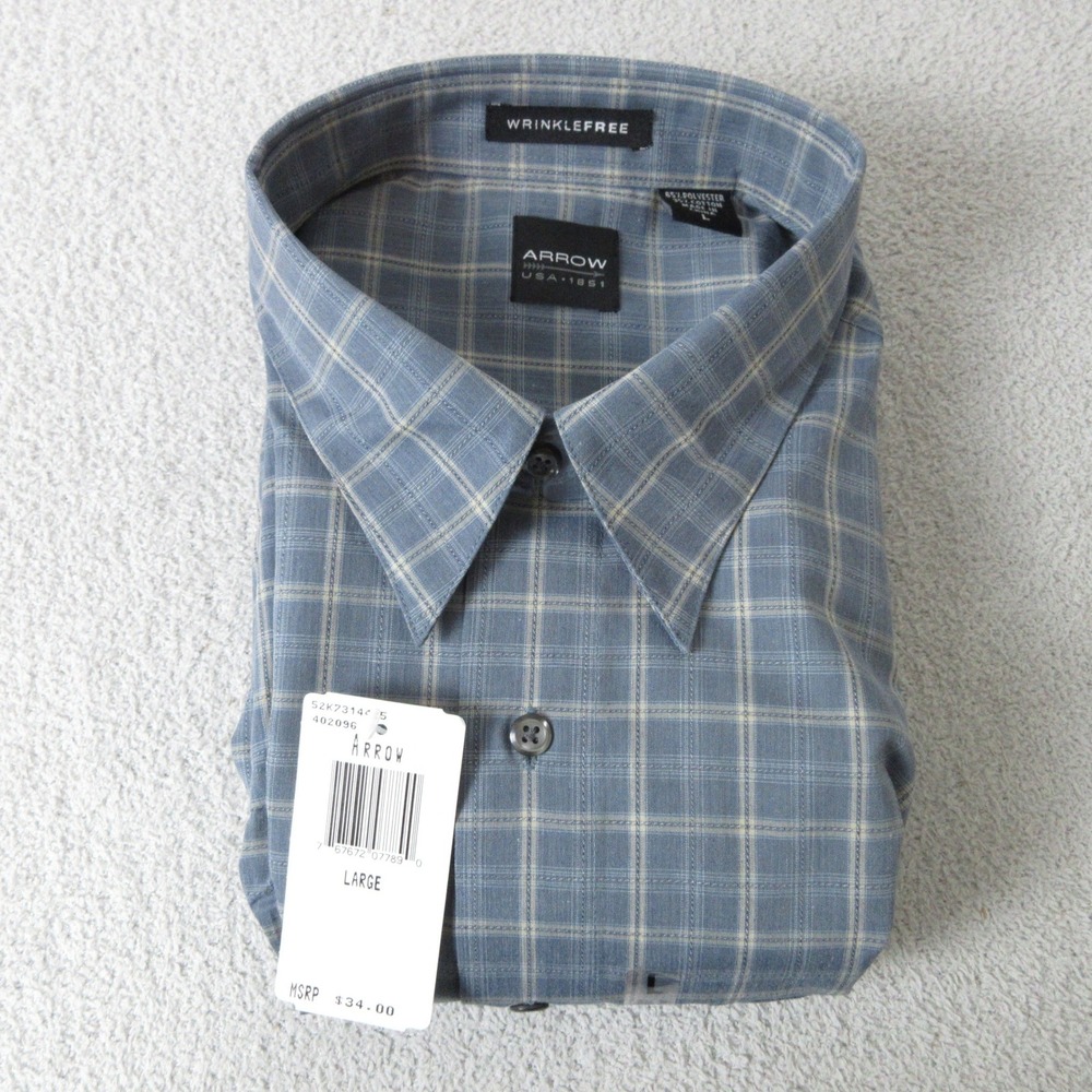 Arrow USA 1851 Mens Blue Plaid Wrinkle Free Button Down Shirt Large NWT